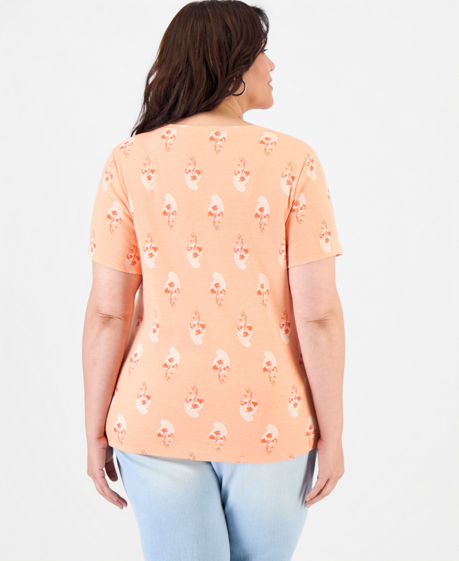 Petite Floral-Print Short-Sleeve Henley Knit Top