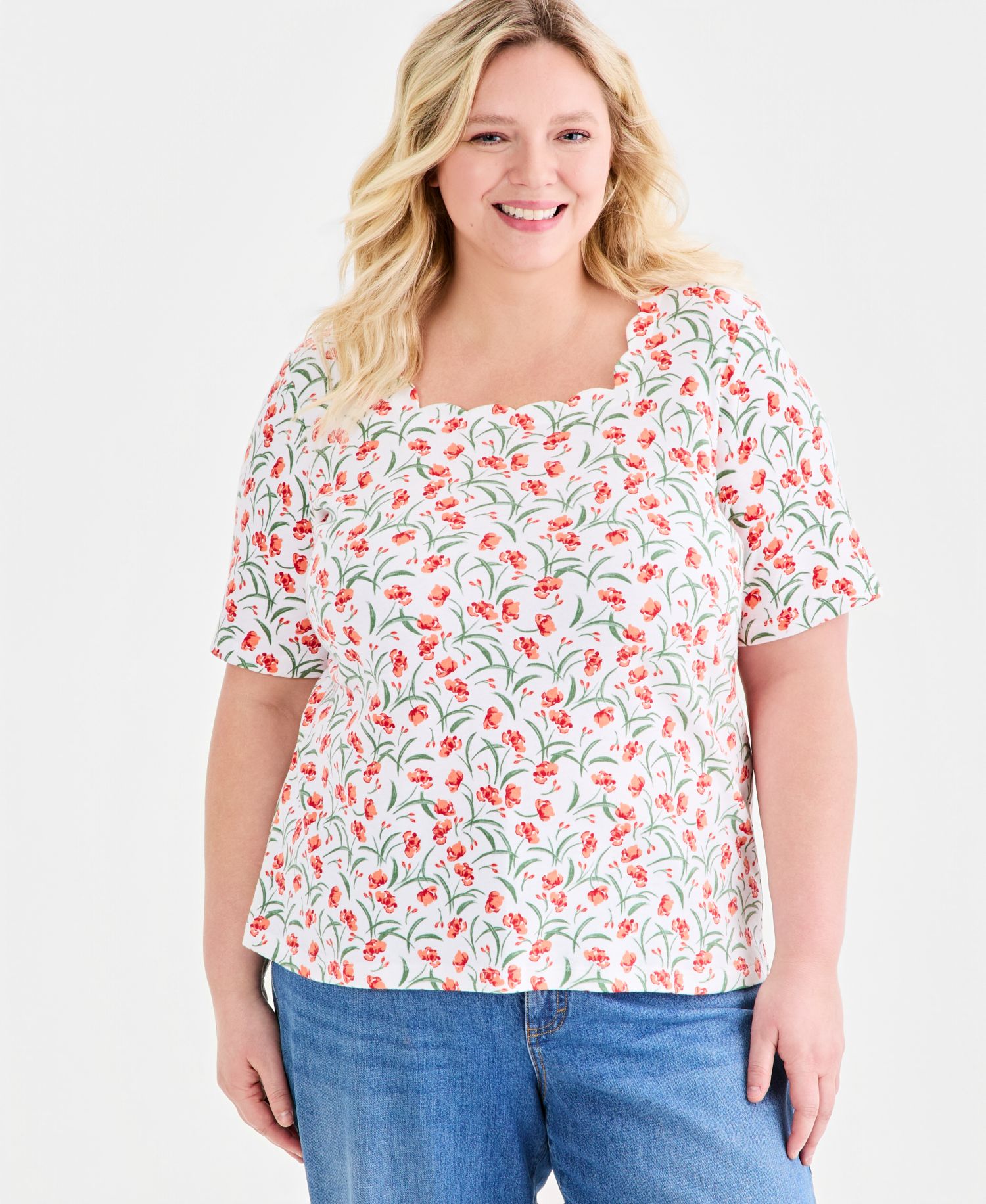 Plus Size Printed Scalloped Square-Neck Top