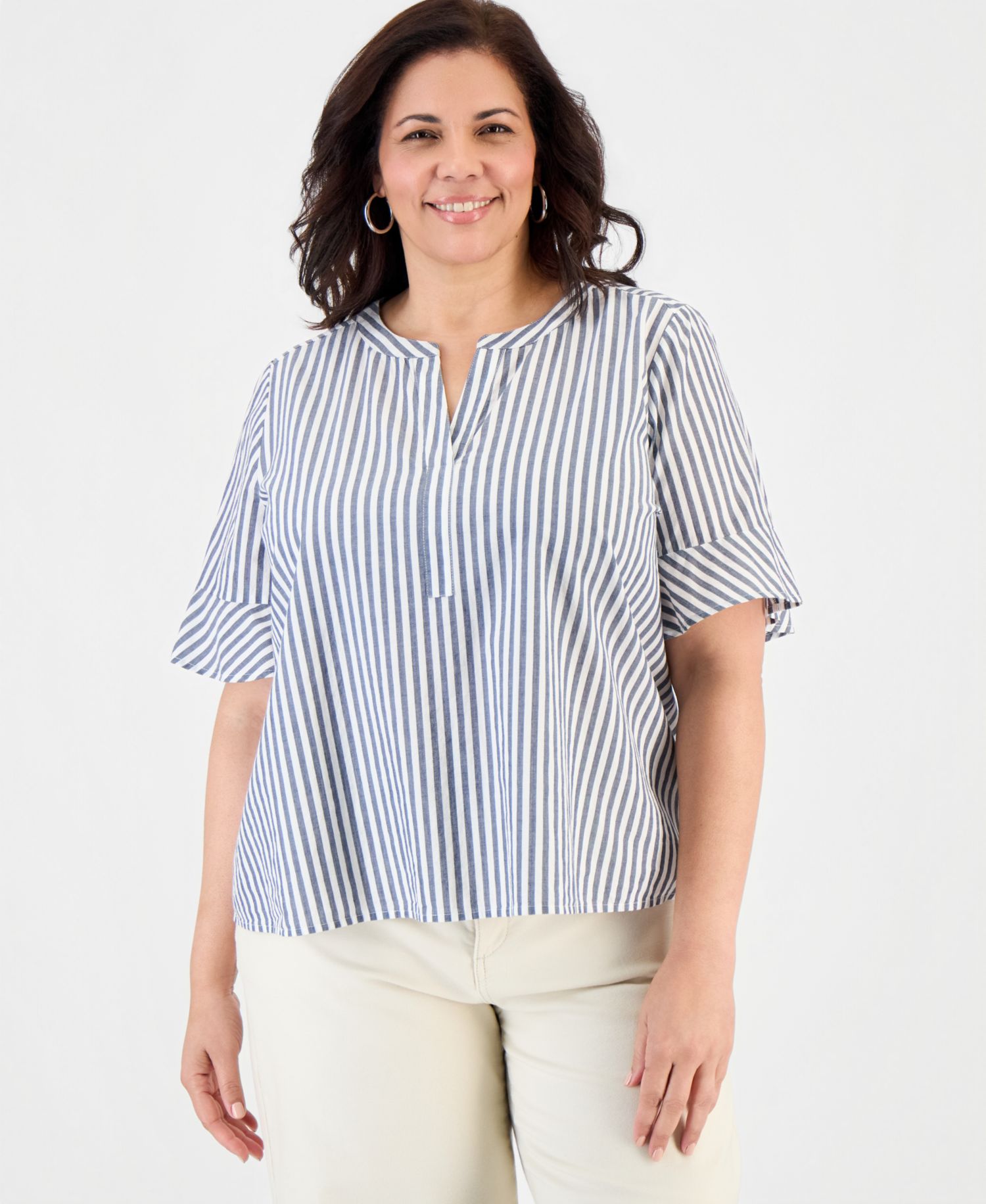 Plus Size Striped Cotton Split-Neck Popover Top