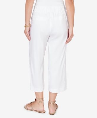Petite Stretch Linen Wide-Leg Fly-Front Capri Pants