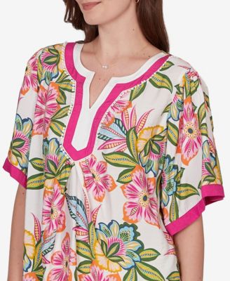 Petite Tropical Floral Trim Detail Top