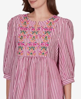 Petite Embroidered Placket Stripe Top