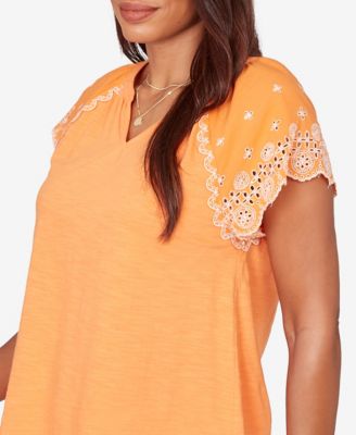 Petite Embroidered Sleeve Slub Knit T-Shirt