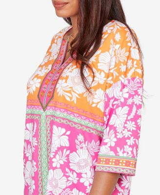 Petite Embroidered Placket Patchwork Knit Top