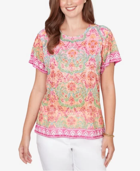 Petite Floral Damask Print Knit T-Shirt - Fuchsia Multi