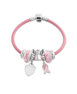 Support Breast Cancer Survivor Angel Pink Ribbon Multi Bead Charm Leather Bracelet .925 Sterling Silver