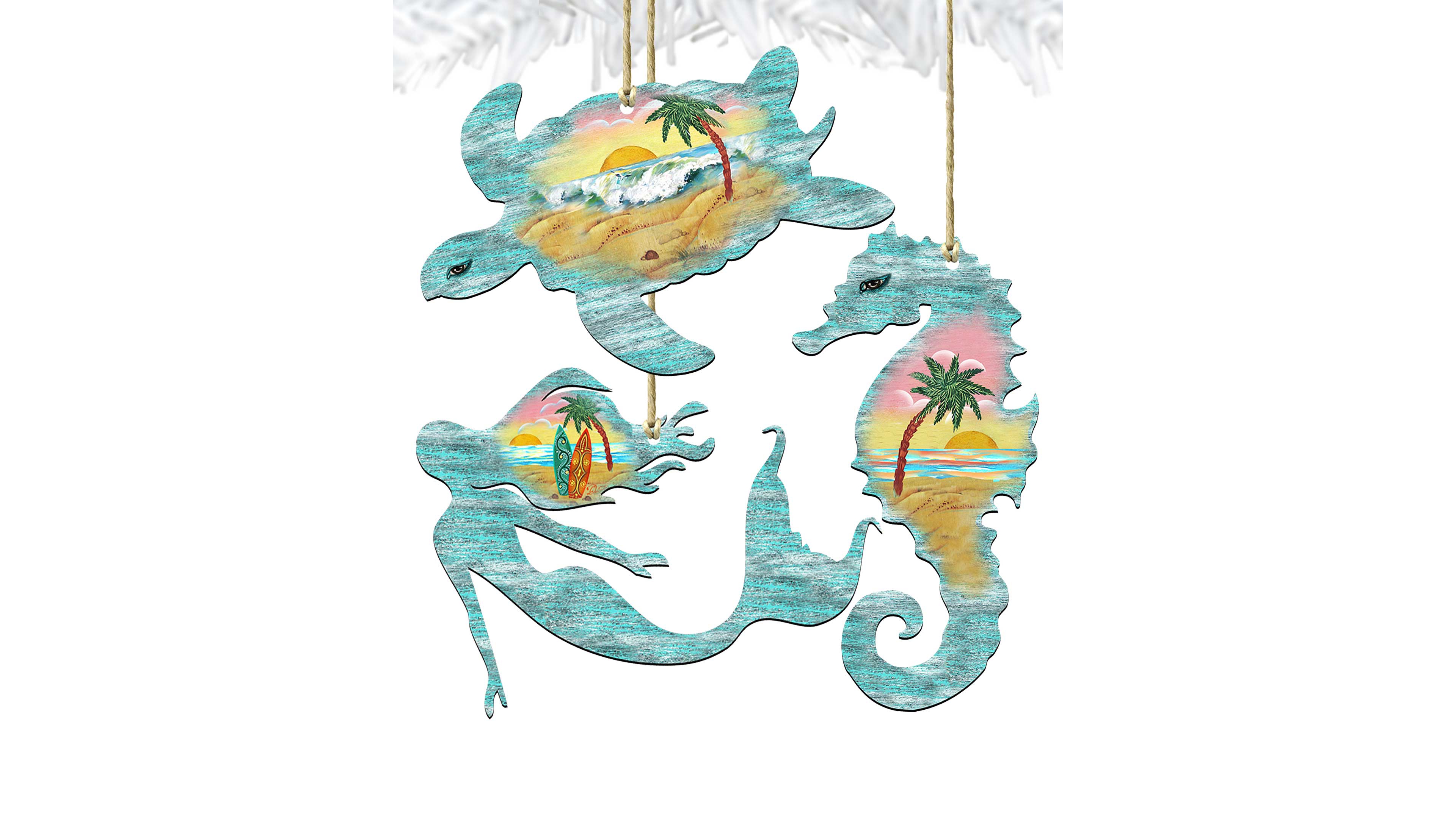 Designocracy Sea Turtle, Mermaid, Seahorse Holiday Ornaments, Set of 3