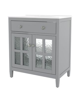 30" Bathroom Vanity with Sink, Modern Solid Wood Cabinet with Textured Glass Doors, Flip-Out Tray & Adjustable Shelf