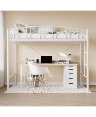 Metal Loft Bed, Steel Frame, Arched Guardrails, Ladder, Space-Saving
