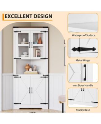 Rustic Farmhouse Tall Corner Storage Cabinet with Glass Doors & Adjustable Shelves, Corner Display Cabinet for Kitchen