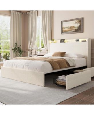 Full Bed Frame with Storage Headboard, Upholstered Bed Frame Full Size with Charging Station, LED Lights, 4 Storage Drawers