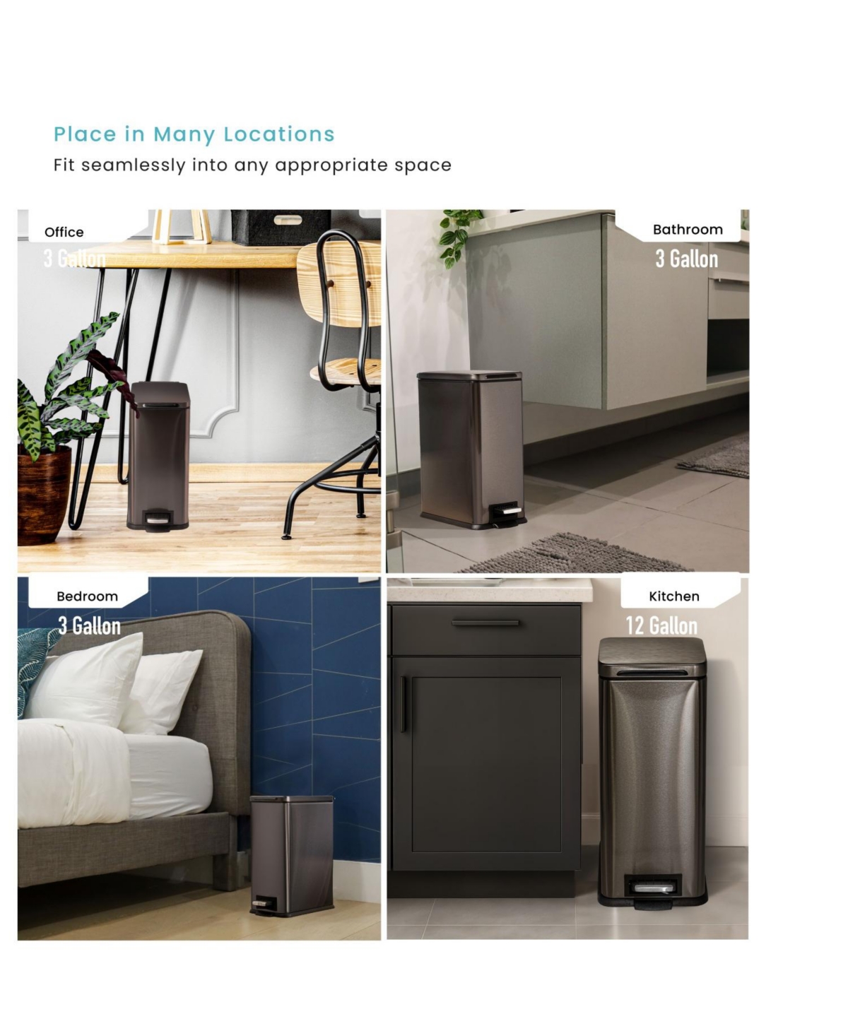 Home Zone Living 12 Gallon and 3 Gallon Slim Stainless Steel Trash Can Combo Set with Step Pedals and Soft Close Lids