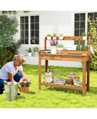 Garden Workstation Table with Drawer and Storage Shelves