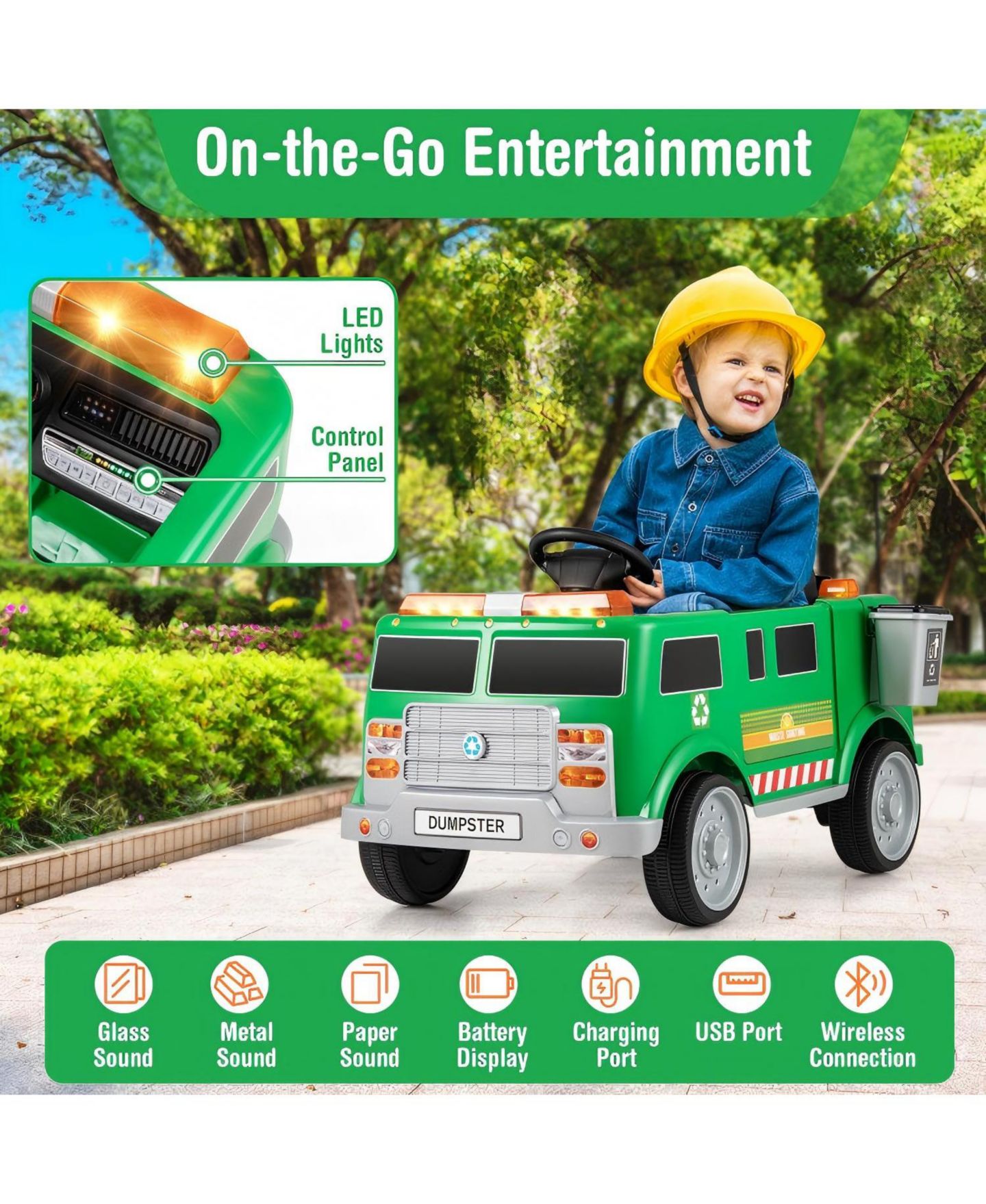 Детская игрушка HONGGE 12V Battery-Powered Electric Vehicle with Remote Control and Trash Bin, цвет: Зелёный — фото 8