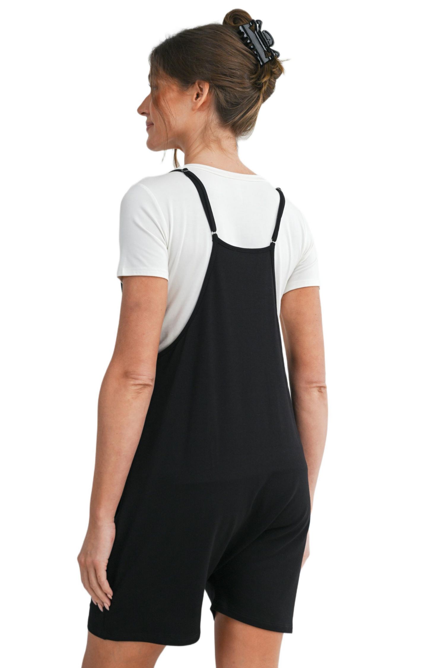Maternity Sleeveless Loose Fit V-Neck Romper with Pockets and Adjustable Straps