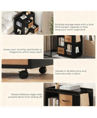 Rolling Storage Cart with 2 Fabric Drawers & 4 Shelves for Books, Magazines, Records