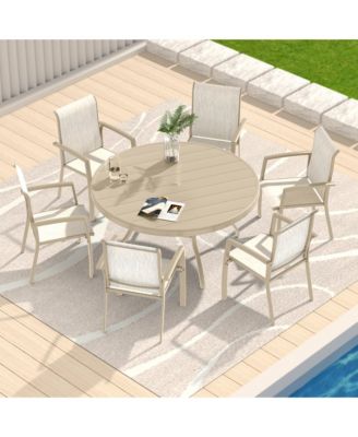 52.95" Round Outdoor Dining Table for 6–7 People, All-Weather Steel Patio Table with Umbrella Hole, Sandstone