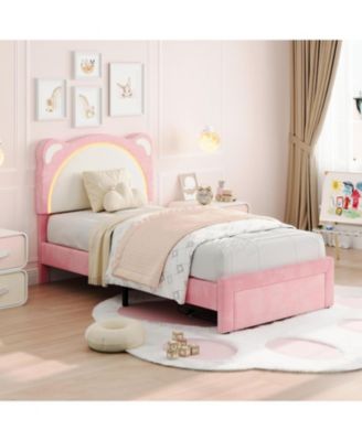  Kids Velvet Bed Frame with LED Lights, Adjustable Bear Headboard , Under-Bed Storage, Solid Wood Slats, Noise-Free