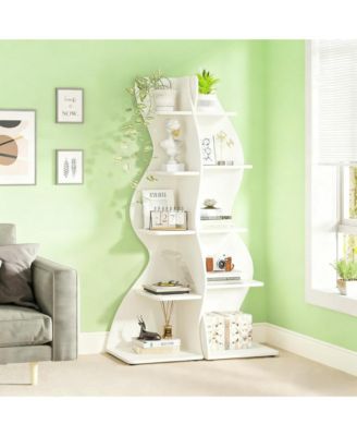 5-Tier Wall Corner Bookshelf, Modern Bookcase Storage Rack with Adjustable Shelves, Unique Shape for Living Room, Home Office