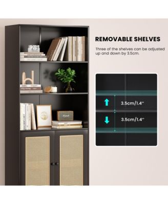 71" Tall Bookshelf, 5 Tier Wood Storage Bookcase with Rattan Doors, Ample Storage Space for Living Room, Home Office