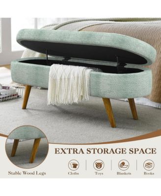 Oval Storage Ottoman Bench - Upholstered End of Bed Bench with Safety Hinge Flip Top and Solid Wood Legs for Bedroom (Cyan)