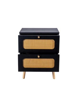 2-Drawers Rattan Nightstand, Handwoven Bedside Table End Table with Solid Wood Legs for Bedroom and Living Room