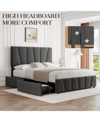 Linen Upholstered Bed Frame - Platform Bed Frame with 4 Storage Drawers & Adjustable Headboard, Wood Slat Support, No Box Sping Needed