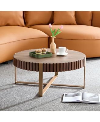 Modern Drum Coffee Table, 31.5'' Round Center Table with Fluted Edge and Sturdy Pedestal for Living Room, Office