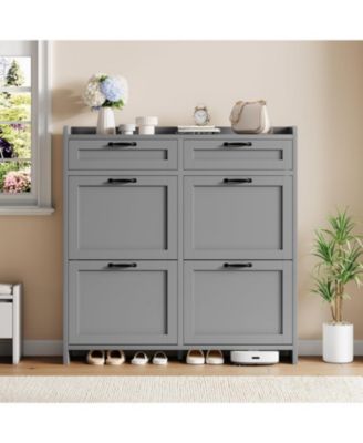 Shoe Cabinet with 4 Flip Drawers & 2 Top Drawers, Wooden Shoe Organizer Cabinet with Adjustable Shelf