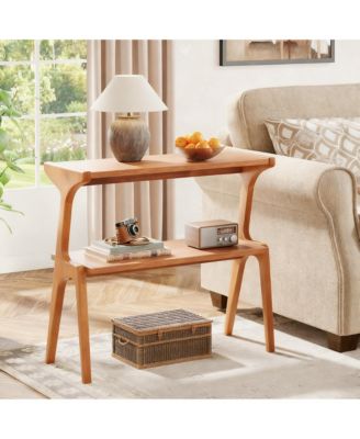 Narrow End Table 2-Tier Slim Sofa Side Solid Wood Farmhouse Tall Storage Shelf Modern Skinny Bedside