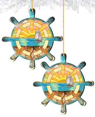 Captains Wheel Wooden Ornaments Set of 2