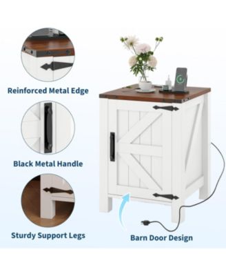 Bedside Table with USB Charging Station – 18" Rustic Bedside Table with Sliding Barn Door, Adjustable Shelf