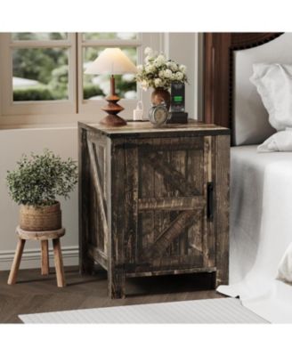 Bedside Table with USB Charging Station – 18" Rustic End Table with Sliding Barn Door, Adjustable Shelf, Two-Tier Storage