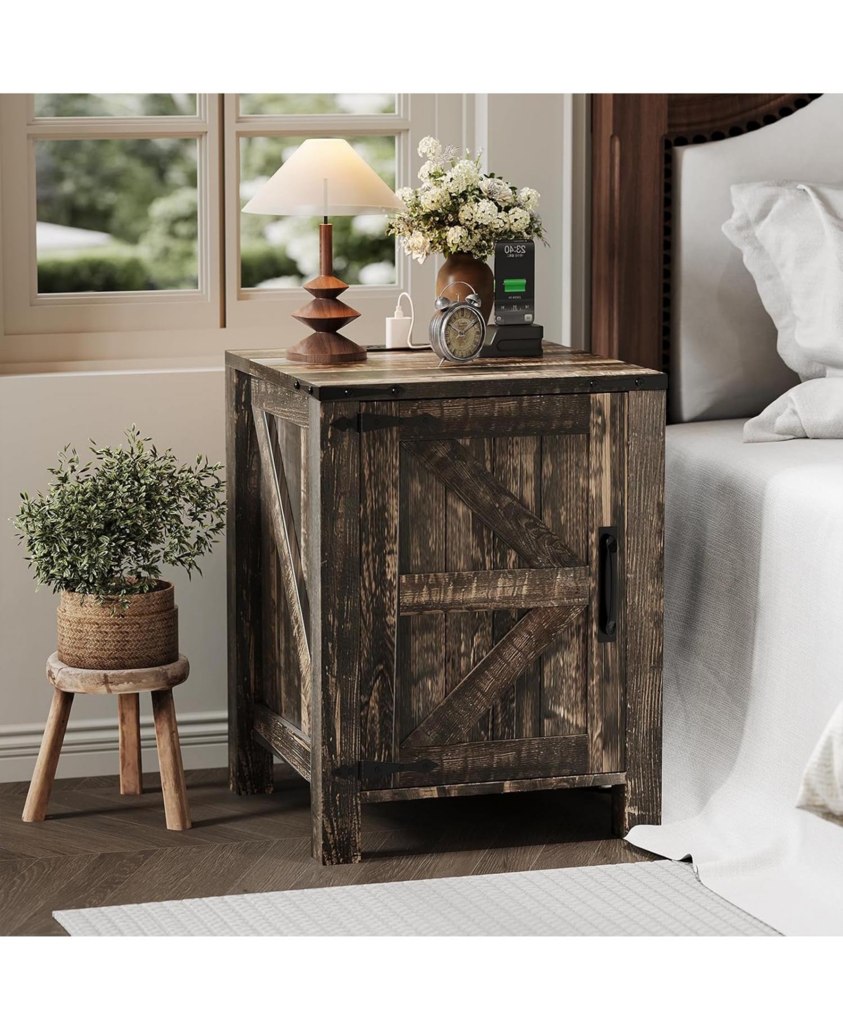 Gaomon Bedside Table with Usb Charging Station – 18" Rustic End Table with Sliding Barn Door, Adjustable Shelf, Two-Tier Storage –
