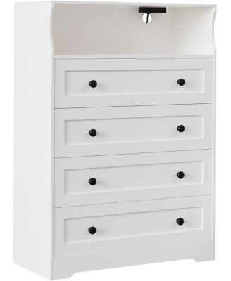 4 Drawer Wood Nightstand with LED Lights & Charging Station, Bedside Chest for Bedroom, Closet, Hallway
