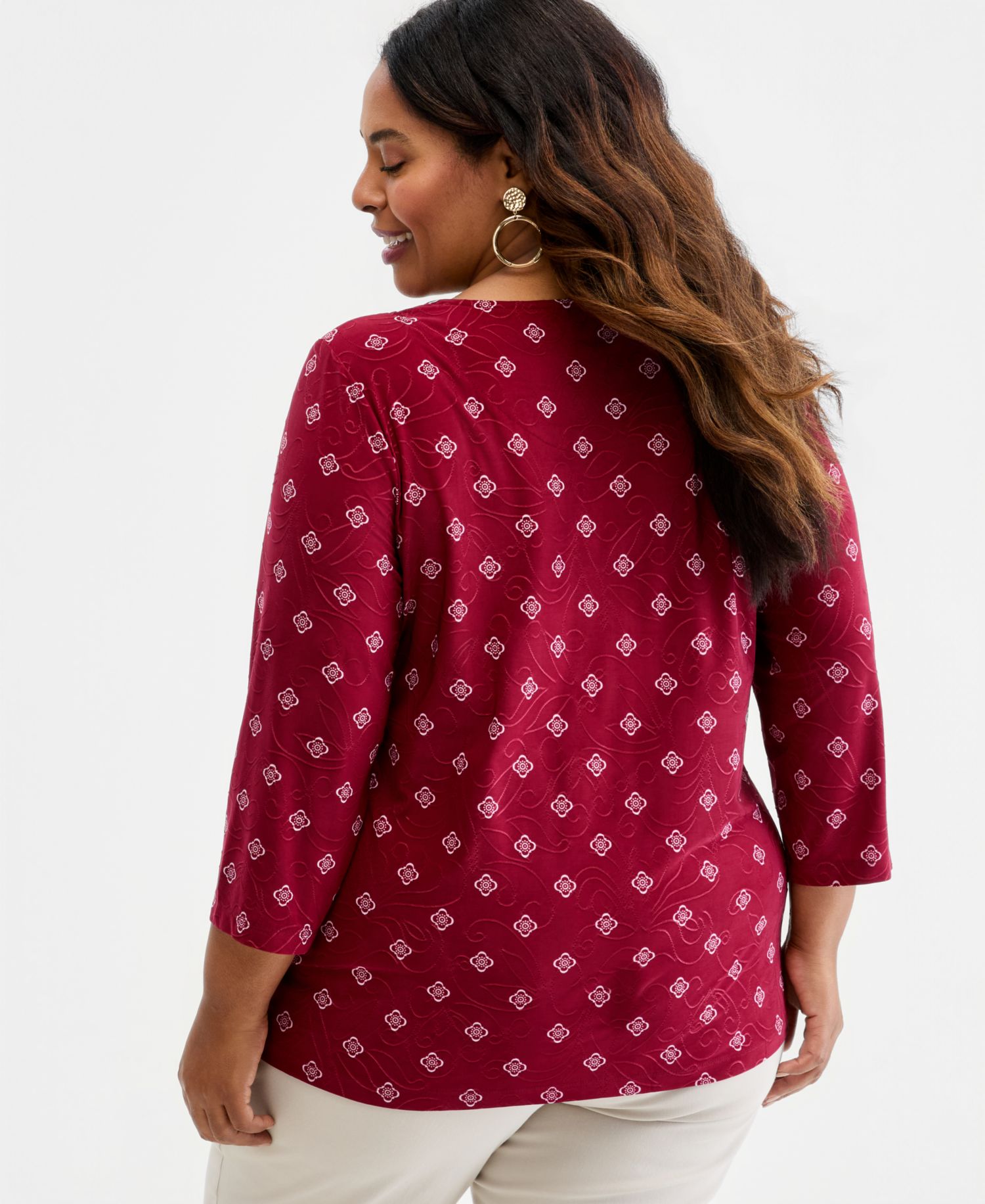 Petite Sofia Tile 3/4-Sleeve Jacquard Tee