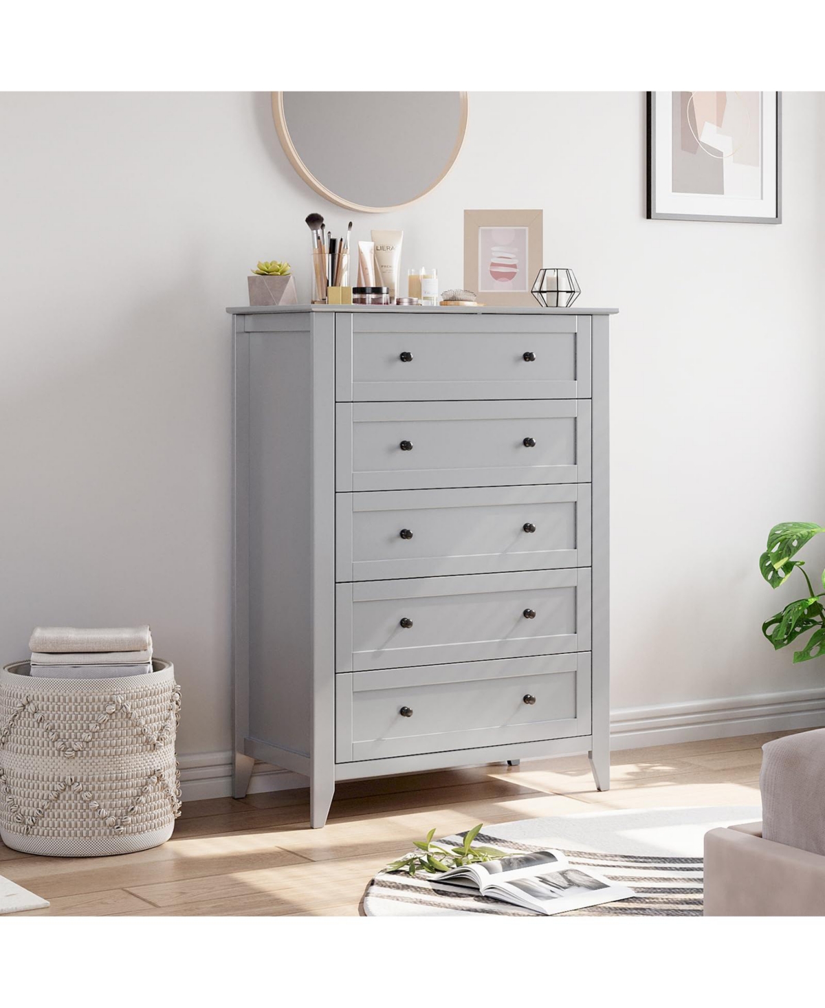 gaomon 5 Drawer Modern Tall Nightstand, Deep Drawers, Nickel Round Handle