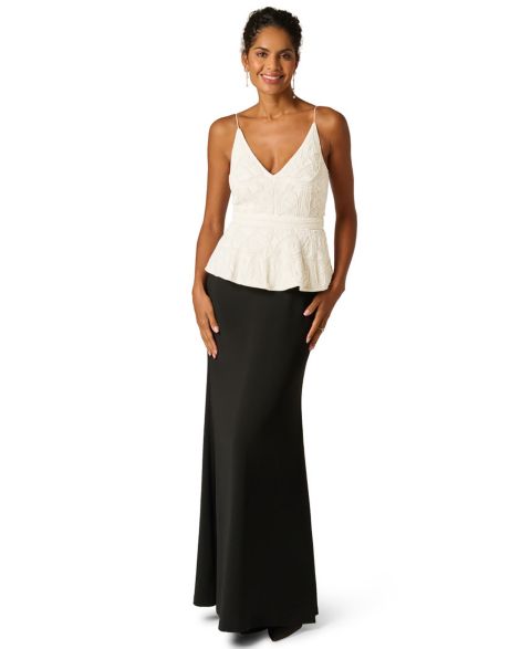 Женское платье Adrianna Papell Bead Detail V-Neck Peplum Maxi, цвет: Чёрный / Слоновая кость