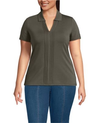 Women's Plus Size Short Sleeve Lightweight Jersey Pintuck Open Collar Polo