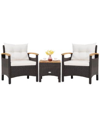 3PCS Patio Rattan Furniture Set Wooden Armrest Table Top Cushioned Deck