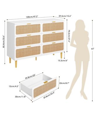 6 Drawer Dresser for Bedroom, Large Modern Double Dresser with Wide Top, Rattan Chest of Drawers with Deep Drawers for Living Room Hallway