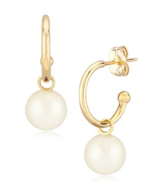 Pearl (6 mm) Drop Hoop Earrings Set in 14k Yellow Gold