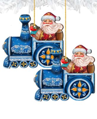 Train Riding Santa Wooden Christmas Ornament Set of 2