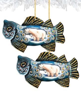 Frosty Fish Wooden Christmas Ornament Set of 2