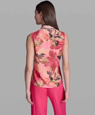 Women's Printed Tie-Neck Sleeveless Top