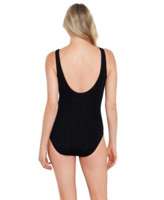 Women's Chlorine Resistant Sea Blue Mock Surplice One-Piece Swimsuit