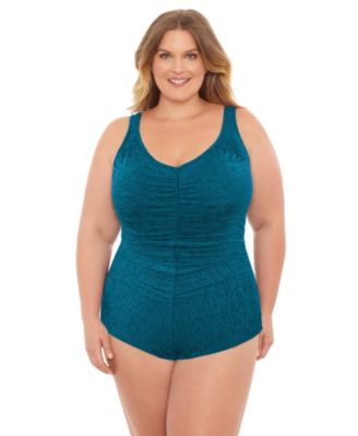 Plus Size Chlorine Resistant Shirred Front Girl Leg One-Piece Swimsuit