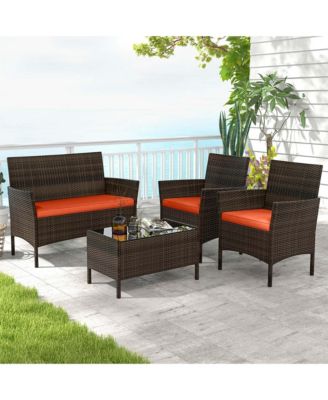 4 Pc. Patio Furniture Set with Washable Cushions and Tempered Glass Coffee Table