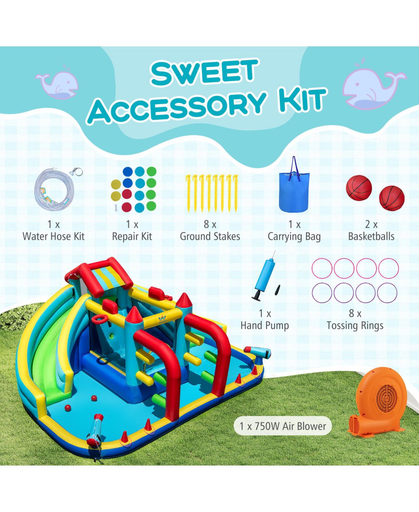 Детская игрушка Mecale Inflatable Double Water Slide Park with Obstacle Course, 750W Blower Included, цвет: Синий — фото 5