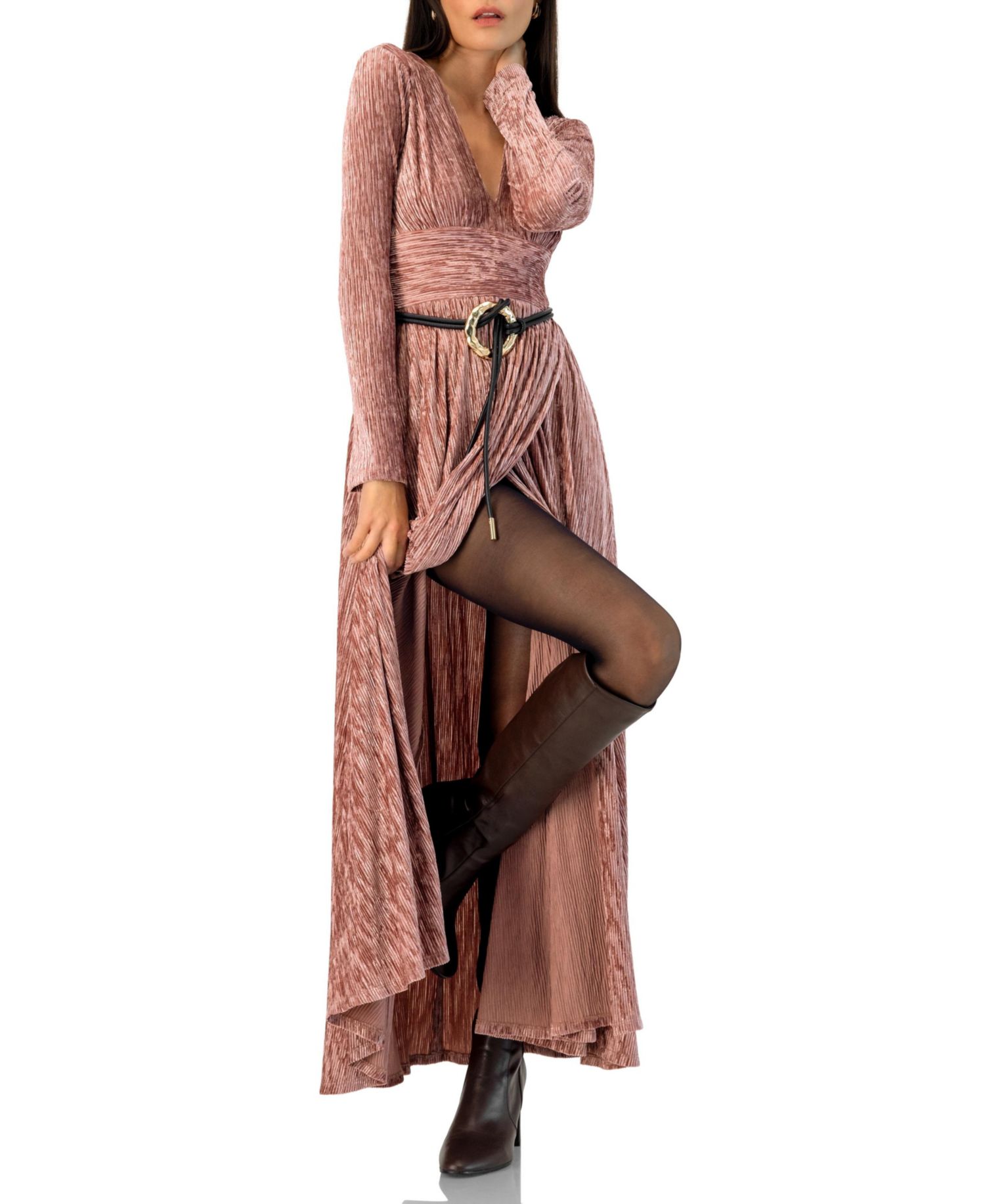 Women's Long Velvet Pleated V-Neck Dress